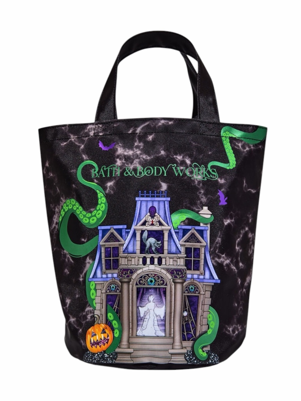 Bath & Body Works Halloween Vinyl Haunted House Ghost Pumpkin Black Tote Bag